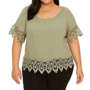 Le Rouge Sage Green Crochet Trim Top | Size 2X